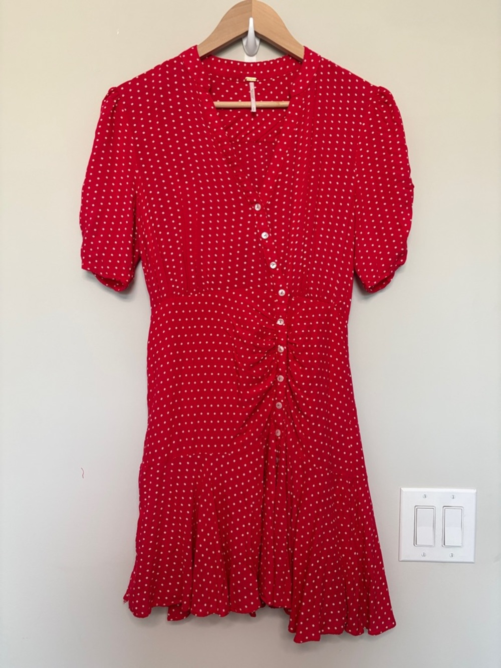 Free People Fun Preppy Red Polka Dot Button-Front Mini Dress Small